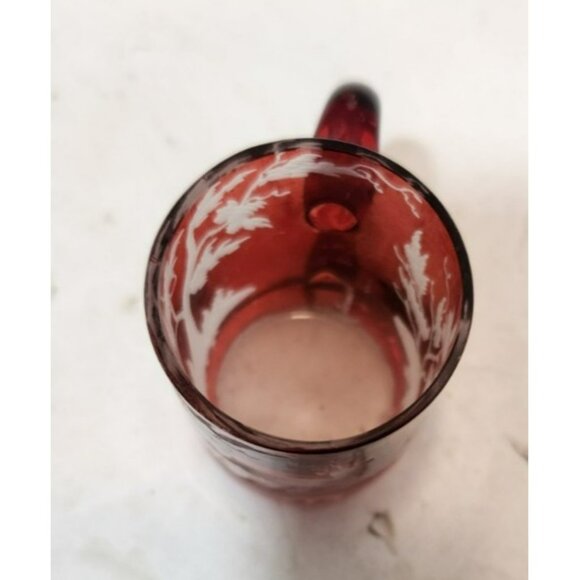 Vtg Set of 4 Bohemian Flash Glass Red Etched Deer Miniature Shot Mugs 1.75" Tall - Picture 9 of 12